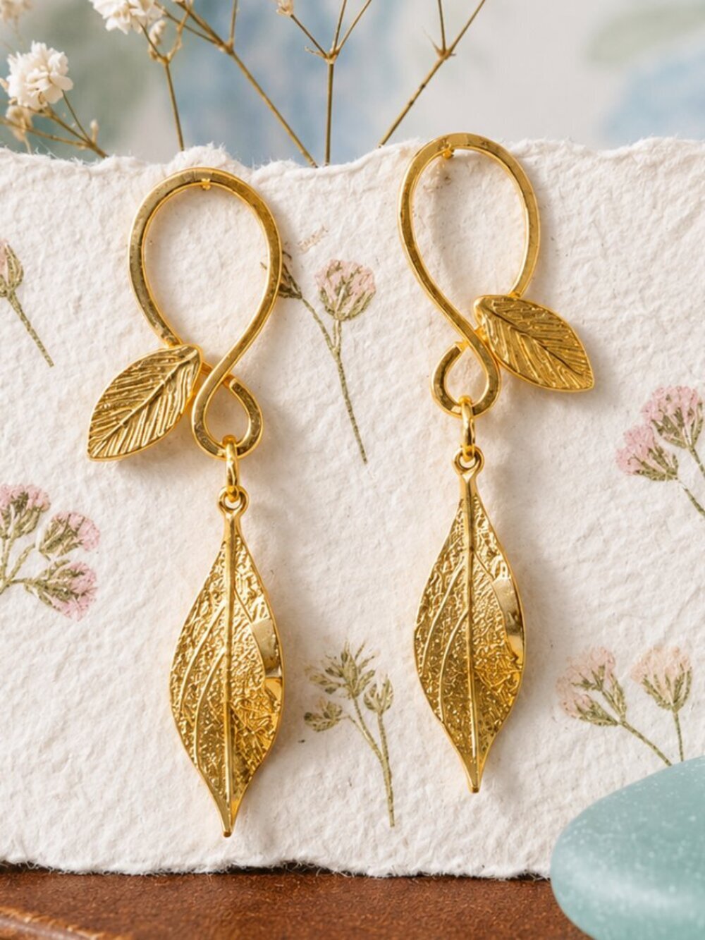 Turkish Gold Leaf Drop Earrings 18K Plated Brass Boho Statement Dangle Handmade - Picture 7 of 17